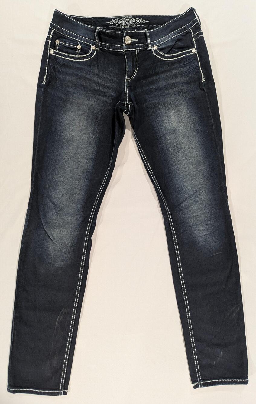Maurices Jeans Juniors 9/10 Blue Dark Wash Mid Rise Skinny Distressed Rhinestone